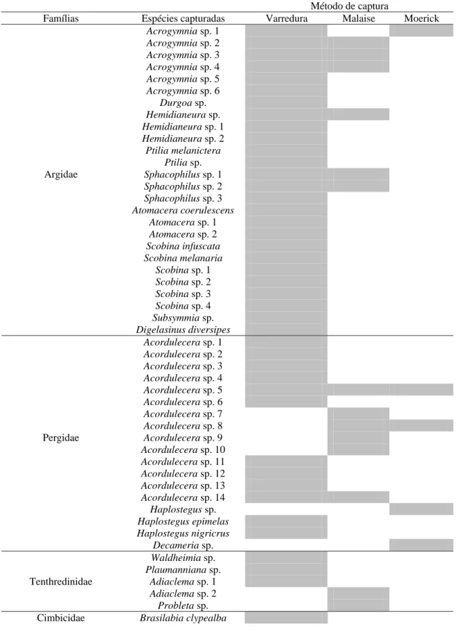 Tabela 2. Método de amostragem utilizado para a coleta de cada espécie de Symphyta do  município de Viçosa, Minas Gerais, Brasil