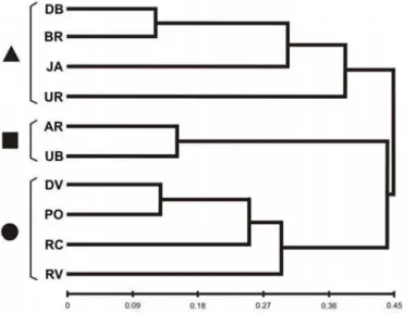 Figura 3. Dendrograma evidenciando a estruturação genética entre  M. mondury  ( ●);