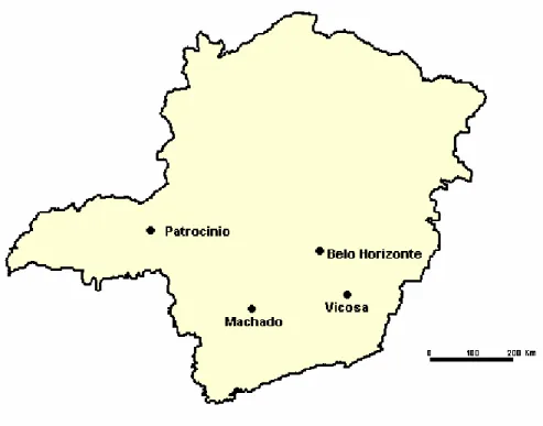 Fig. 3 - Mapa do Estado de Minas Gerais indicando as três áreas onde fora  realizadas os levantamentos da acarofauna em cafezais