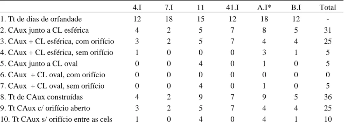 Tabela 2. Características analisadas no experimento 2, nas colônias 4.I, 7.I, 11,  41.I, A.I e B.I, mantidas órfãs durante o experimento