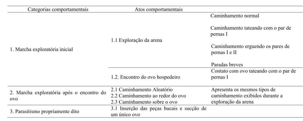 Tabela 1 – Categorias comportamentais e atos observados no comportamento de parasitismo de Acarophenax lacunatus em ovos de  Rhyzopertha dominica  