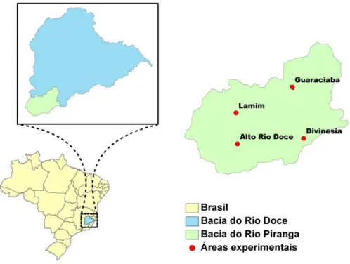 Figura 1. Localização das Bacias Hidrográficas do Rio Piranga e do Rio Doce no Estado de  Minas Gerais e no Brasil, além dos locais de experimentação