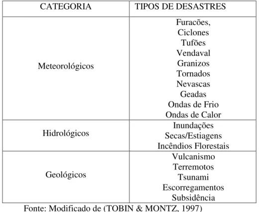 Tabela 1:Classificação dos desastres naturais quanto à tipologia.