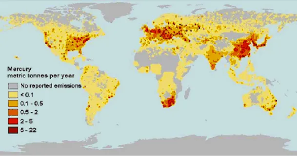 Figura 3.1. Distribuição espacial das emissões globais de mercúrio (ton/ano/m²). Fonte: UNEP  (2002) 