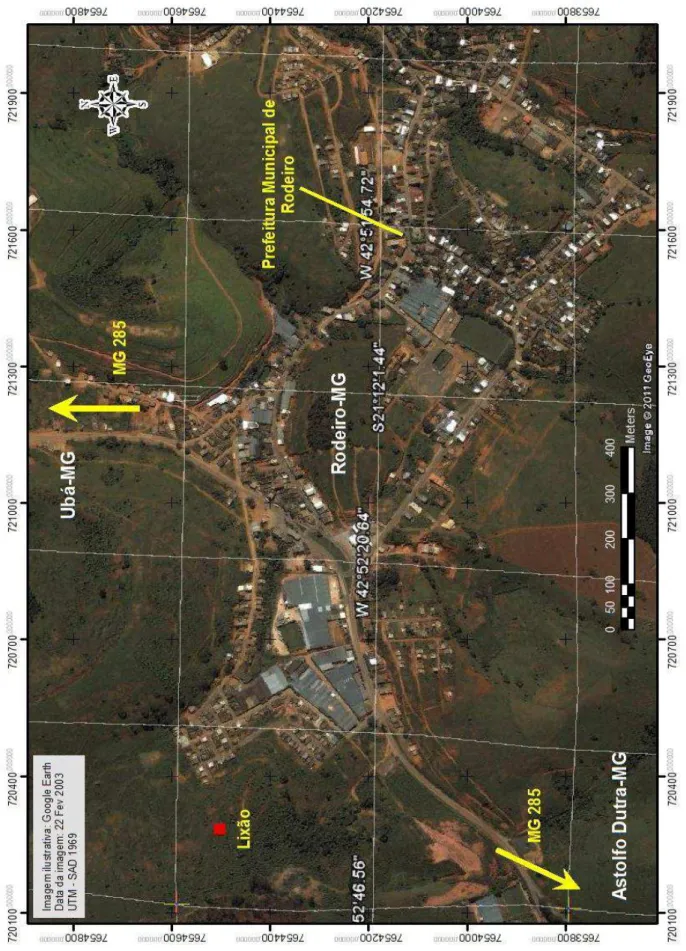 Figura 7: Localização do Município de Rodeiro-MG, destacando-se a localização da área de  disposição final de resíduos sólidos