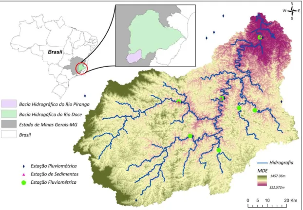 Figura 3.1. Localização, estações de monitoramento e MDE da bacia hidrográfica do 