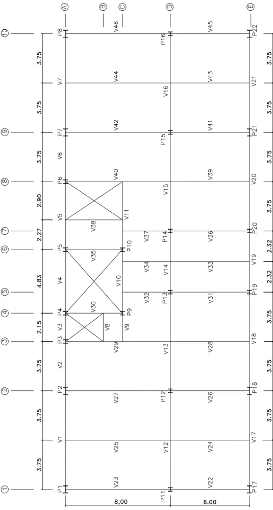 Figura 3.1 - Disposição de vigas e pilares para o projeto utilizado por Pires Filho  (2011) – dimensões em metros