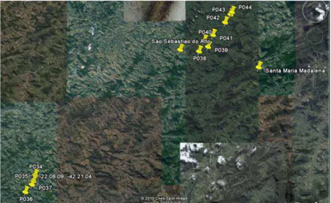 Figura 3  – Localização dos onze pontos de coleta ao longo do Rio Grande (GOOGLE  EARTH, 2010)