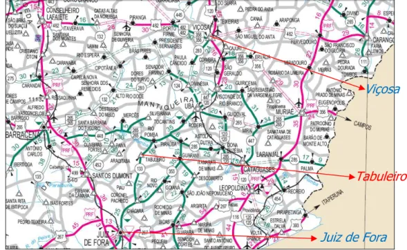 Figura 4 -  Mapa m ost rando a localização de Tabuleiro em  r elação à Viçosa e Juiz de Fora, e as  pr incipais r odovias da r egião ( DNI T, 2005) 