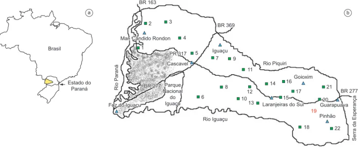 Figura 1. a) Localização da região centro-oeste do estado do Paraná; e b) Detalhe da região centro-oeste do Paraná mostrando os pontos de amostragem 