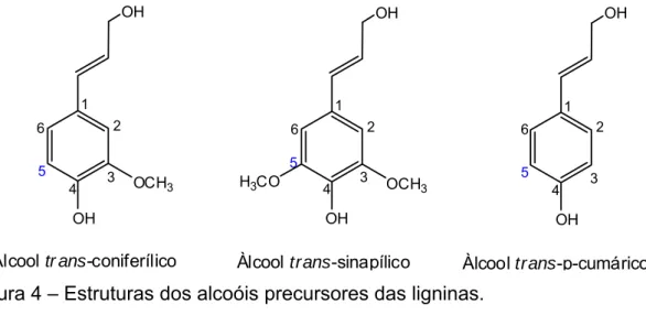 Figura 4 – Estruturas dos alcoóis precursores das ligninas. 