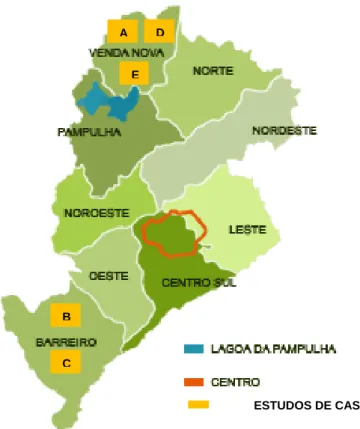 Figura 4.1.  Mapa de Belo Horizonte e localização dos estudos de caso na cidade.  Fonte:  &lt;http://www.tetovirtual.com/images/mapa_de_bh.bmp&gt;