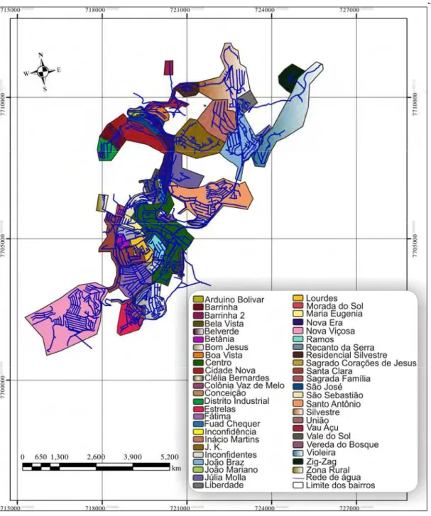 Figura 10. Representação espacial dos bairros e sistema de rede de água de  Viçosa. 