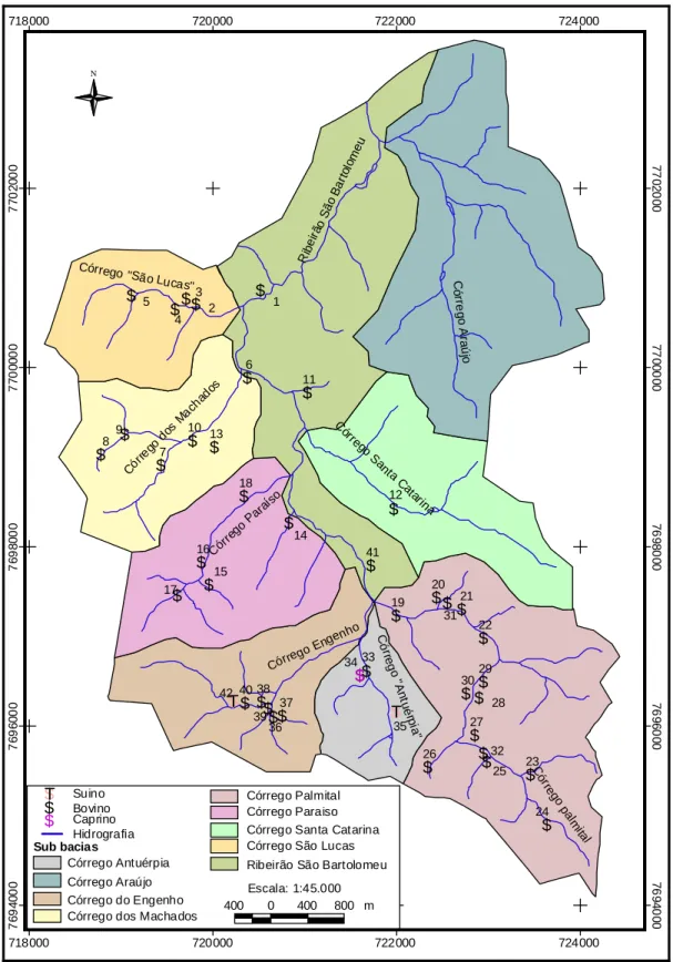 Figura 14. Delimitação das sub-bacias e localização das propriedades rurais, bacia  de captação do Ribeirão São Bartolomeu, Viçosa–MG, 2004