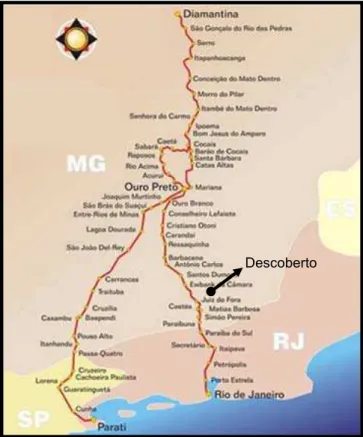 Figura 2.4 -  Caminho velho  que liga Ouro Preto a Parati e  Caminho Novo  que  liga Ouro Preto ao Rio de Janeiro