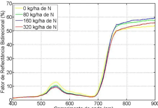 Figura 8 – Fator de reflectância bidirecional do capim-tanzânia em função do  comprimento de onda nas diferentes doses de N na data de  avaliação 19/01/2007