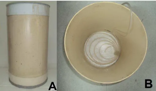 Figura 2 - Tanque feito em PVC utilizado na ozonização dos frutos do mamoeiro  (A), e interior do tanque com espiral para borbulhamento do gás (B)