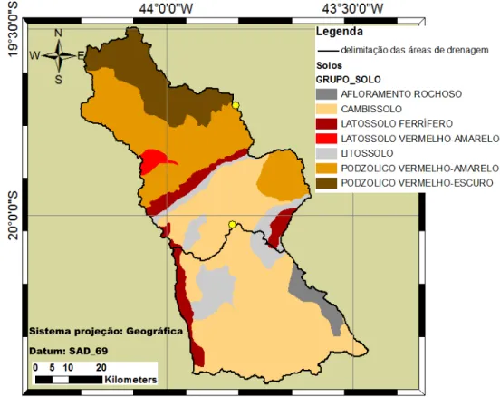 Figura  10.  Mapa  de  solos  das  áreas  de  drenagem  das  estações.  Fontes  de  dados:  PRODEMGE (1998)