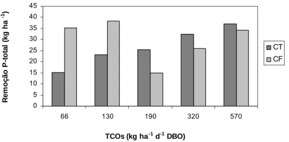 Figura 12: Remoção de P-total pelos capins tifton 85 e elefante, em função das  taxas de carga orgânica superficial (TCOs) aplicadas 