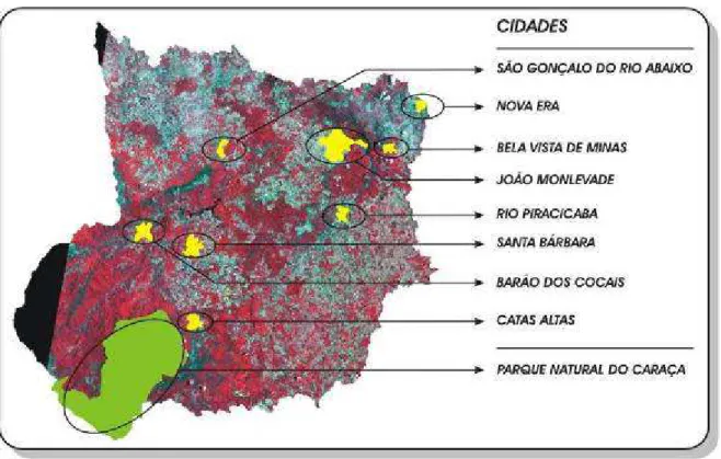 Figura 15 – Imagem Landsat-TM (bandas 4;3;2) com os polígonos digitalizados,  identificando a área territorial da cada cidade e do Parque Natural do Caraça