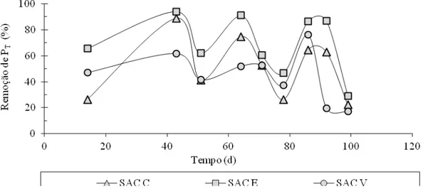 Figura 5.13: Eficiência na remoção de P T , em porcentagem, dos SACs ao longo do 