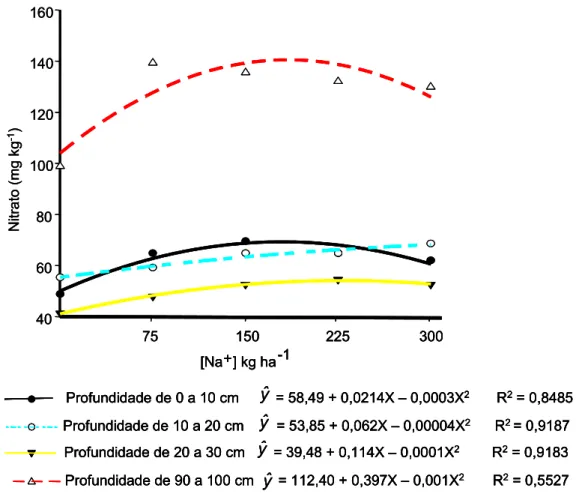 Figura 5: Concentração de nitrato nas diferentes profundidades. Modelos de  regressão significativos a 5 % de probabilidade.