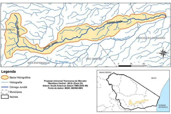 Figura 1 – Mapa geral da área de estudo, ocupando os municípios de  Conceição da Barra e Pinheiros, e seus respectivos cursos  d’água