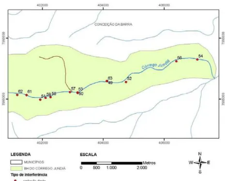 Figura 4 – Detalhe do quadro 2 visualizado na Figura 2, com a localização  das interferências realizadas nos cursos d’água superficiais na  bacia do Córrego Jundiá