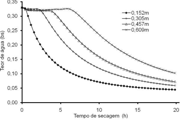 Figura 9. Variação temporal do teor de água dos grãos em diversas posições  no leito, sob condições padrões de simulação de secagem