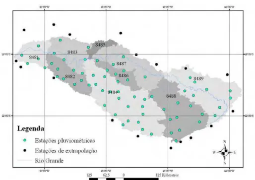 Figura 5. Localização das estações pluviométricas nas ottobacias da bacia do Rio  Grande