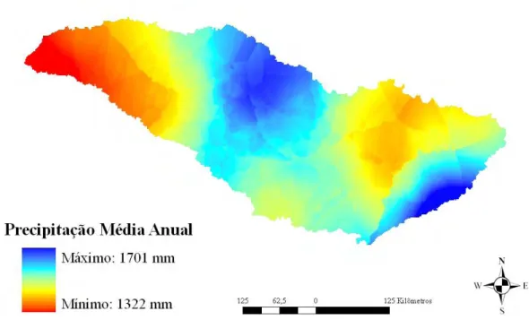 Figura 6. Mapa da precipitação média anual da bacia do Rio Grande (1968-2001). 