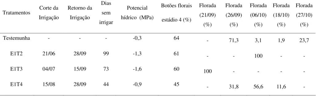 Tabela  2:  Intervalo  entre  irrigações,  potencial  hídrico  de  água  na  folha  na  antemanhã  alcançado  antes  do  retorno  das  irrigações, 
