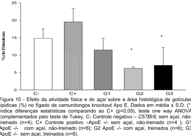 Figura 10 - Efeito da atividade física e do  açaí sobre a área histológica de gotículas  lipidicas (%) no fígado de camundongos knockout Apo E