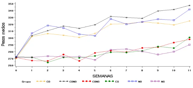 Figura 5: Modelos de regressão ajustados para descrever a variabilidade dos pesos médios dos  animais dos diferentes grupos experimentais avaliados em 12 semanas