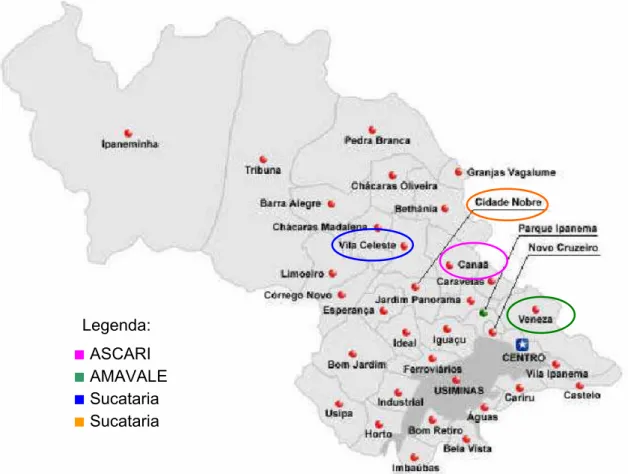 Figura 3 – Localização geográfica das sucatarias e associações de catadores.  Fonte: Prefeitura Municipal de Ipatinga (adaptado pela pesquisadora)  