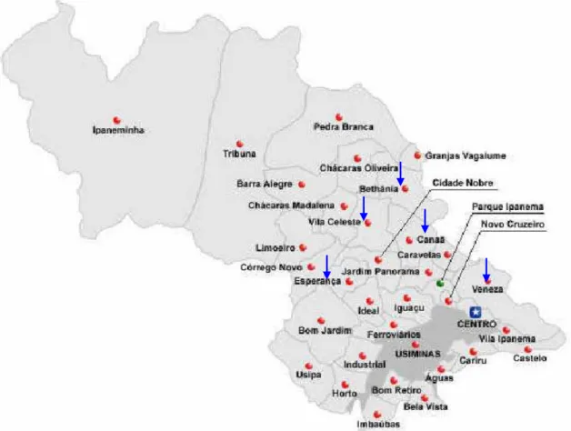 Figura 9. Divisão política de Ipatinga/ bairros onde residem os catadores.  Fonte: Prefeitura Municipal de Ipatinga/ adaptado pela pesquisadora 