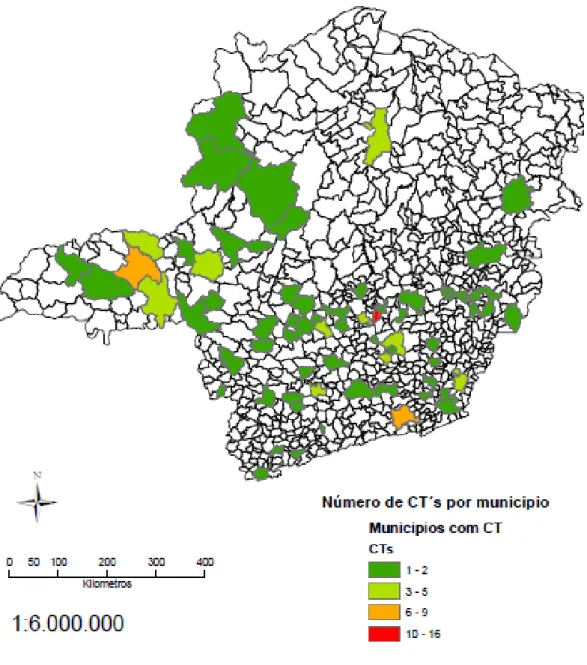 Figura 1  – Relação das Comunidades Terapêuticas (CT) em Minas Gerais, 2012.  Fonte: Dados de Pesquisa, 2012