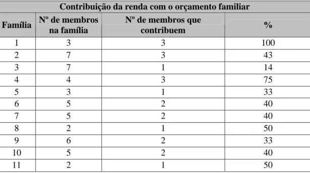 Tabela 1 – Caracterização  da  contribuição dos membros familiares que recebem  renda com o orçamento familiar, Viçosa, MG 