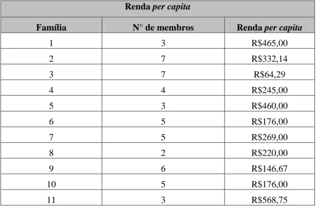 Tabela 2 – Caracterização da renda per capita das famílias pesquisadas, Viçosa, MG 
