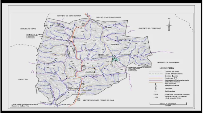 Figura  3  –  Mapa  do  Distrito  de  S.  Sebastião  do  Sacramento  –  Manhuaçu  –  Minas  Gerais  – Brasil, com destaque para córregos, estradas, rodovia e limites geográficos.