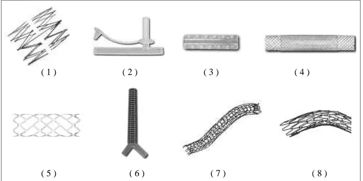 Figura 2 – Modelos de stents: 1) Gianturco, 2) Montgomery “ T”  tube, 3) Dumon, 4) Covered Wallstent, 5) Palmaz, 6) Freitag, 7) Strecker, 8) Cragg Nitinol.