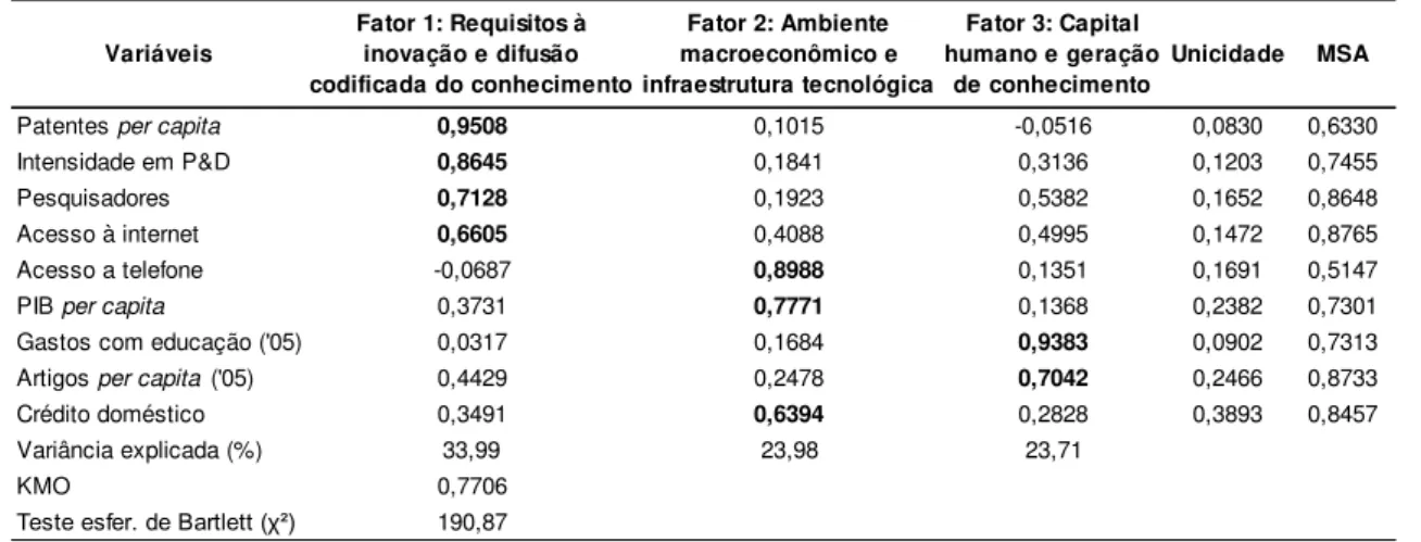 Tabela 6  – Resultados da Análise Fatorial, ano 2007 