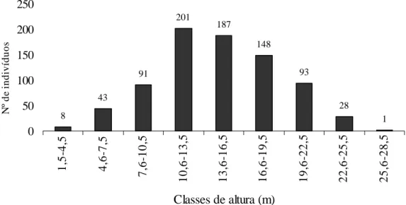 Figura 3. Distribuição dos indivíduos por classe de altura em um trecho de Floresta  Estacional Perenifólia na Fazenda São Sebastião, Querência – MT