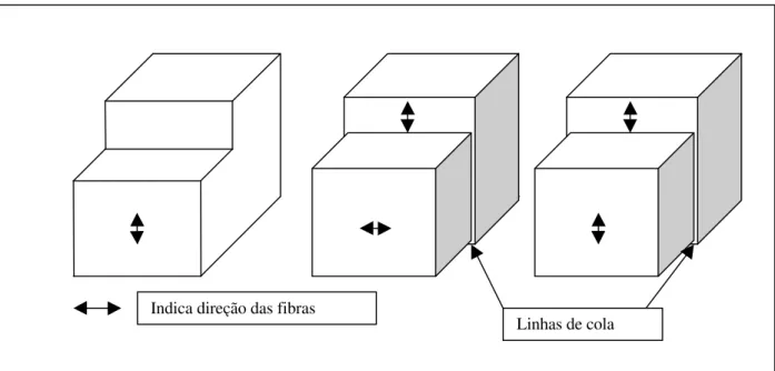 Figura 1- Geometria e orientação das fibras nos corpos-de-prova de cisalhamento da  madeira sólida e da colada