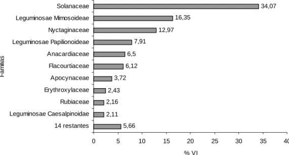Figura 13 – Valor de importância das principais famílias encontradas no trecho  de Mata Atlântica na APA da Capoeira Grande, Rio de Janeiro, RJ