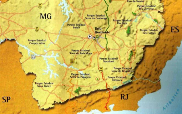 Figura 5 – Mapa parcial do Estado de Minas Gerais, com os Parques Estaduais do  Ibitipoca, Serra do Brigadeiro e Itacolomi circulados em vermelho