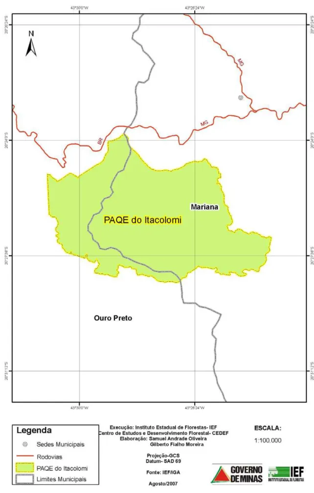 Figura 9 – Mapa com os municípios abrangidos pela área do Parque Estadual do  Itacolomi