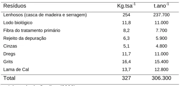 Tabela 2.1 – Geração de resíduos sólidos (base seca) 