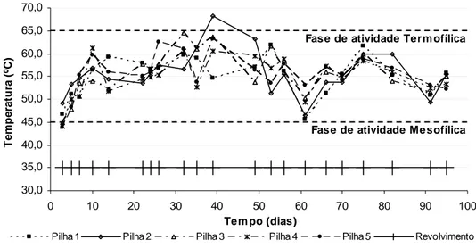 Figura 3.1 – Variação de temperatura nas pilhas de compostagem. 