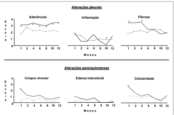 Figura 1 – Alterações pleuropulmonares observadas no hemitórax injetado com talco ou nitrato de prata (* p &lt; 0,05 – nitrato de prata x talco)